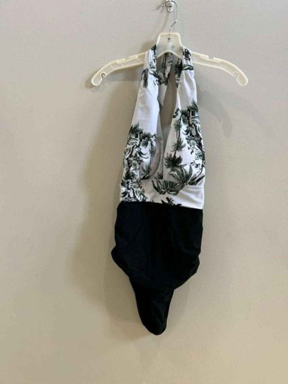 SHEIN Black, Green & White Tropical Halter One Piece Swimsuit L